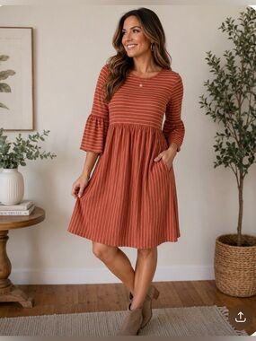 Women's Rust Striped Babydoll Dress with Bell Sleeves